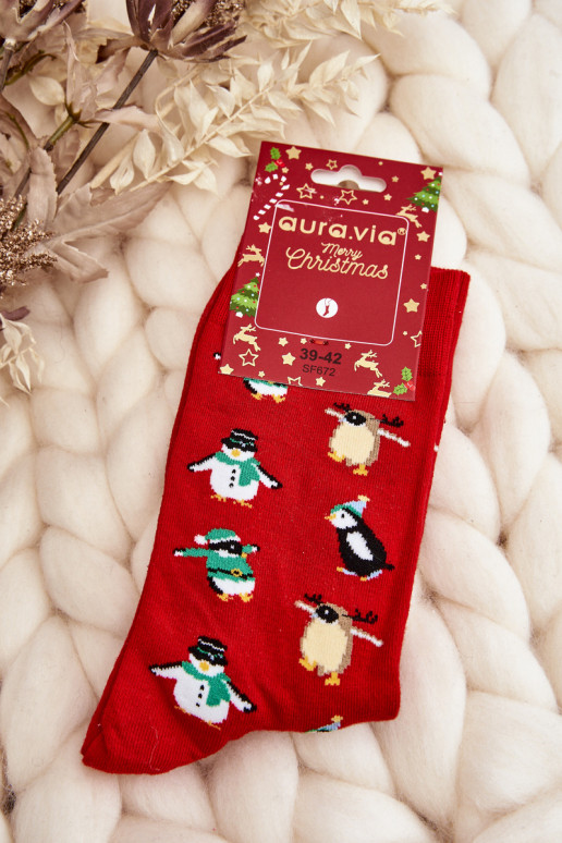 cotton Christmas socks with penguins in red