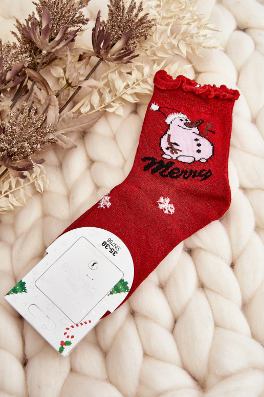 Shiny Christmas socks with snowmen in red