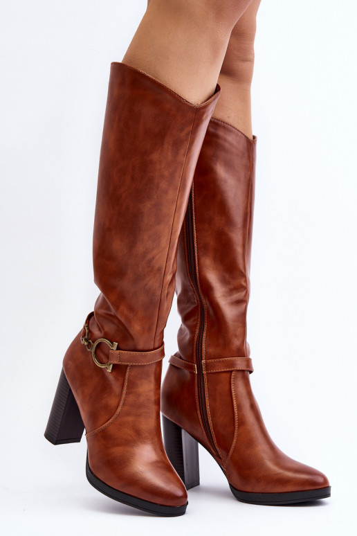 Women's Knee-High Boots with Heel and Decorative Detail Camel Rahallis