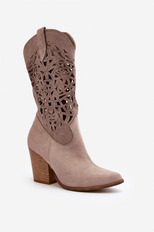 Women's Beige Suede High Heel Openwork Boots Zazoo 3166/P