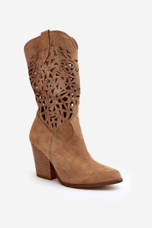 Women's Beige Suede High Heel Openwork Boots Zazoo 3166/P