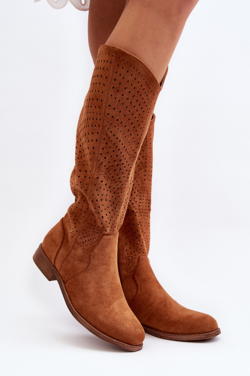 S.Barski HY66-150 Openwork Flat Heel Boots Camel