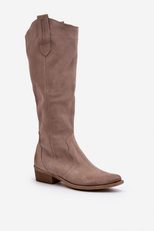 Zazoo 3427 Women's Suede Cowboy Boots Cappuccino