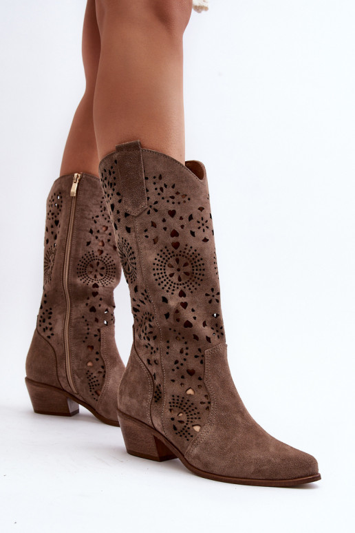 Zazoo 3396 Suede Cut-Out Half-Calf Boots Dark Beige