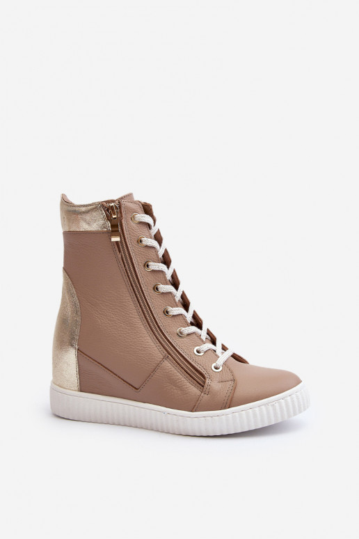 Zazoo 3081 Women's Leather Wedge Sneakers Beige