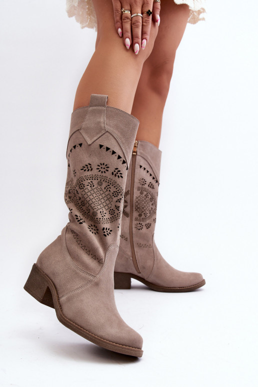 Zazoo 4043 Suede Low Heel Lattice Boots Cappucino