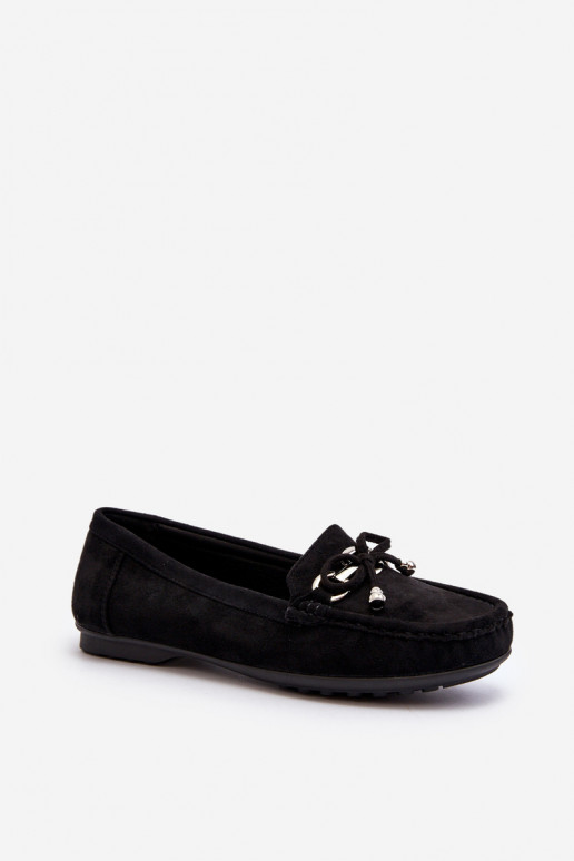 Women's suede moccasins with decoration, Black Daphikaia