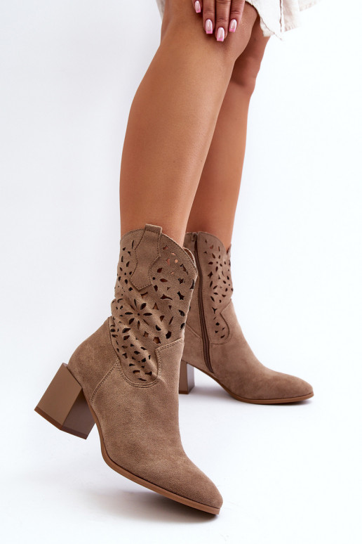 Suede Ankle Boots With An Openwork Upper On A Block, Dark Beige Irvelame