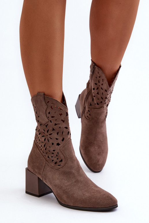 Suede Ankle Boots With An Openwork Upper On A Block, Brown Irvelame