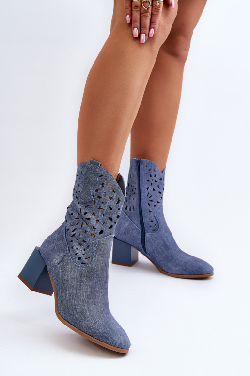 Blue Irvelame denim ankle boots with an openwork upper on a block