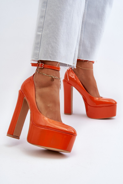 Orange Ninames Patent Leather Pumps on Chunky Platform and Heel