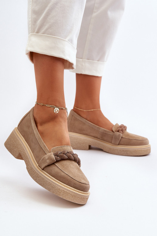 Women's Suede Moccasins with Decoration Beige Zazoo 3429/W