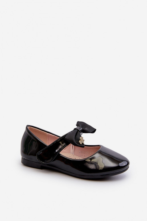 Children's patent leather ballerina flats with bow and Velcro black cat