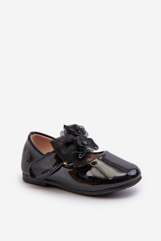 Black Glossy Children's Ballerina Flats With Velcro Strap And Bow Olessa