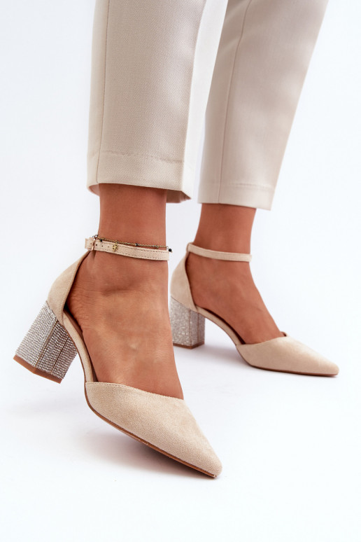 Beige pumps made of eco suede on a decorated heel by Anlitela