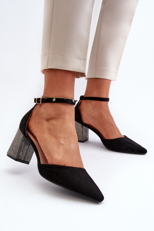 Pumps made of eco-suede on a decorated heel, black Anlitela