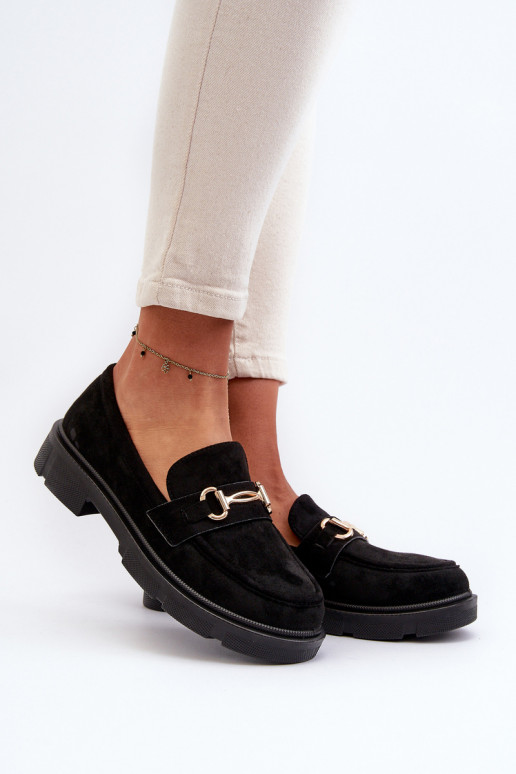 Women's Eco Suede Moccasins With Gold Decoration, Black Lighas