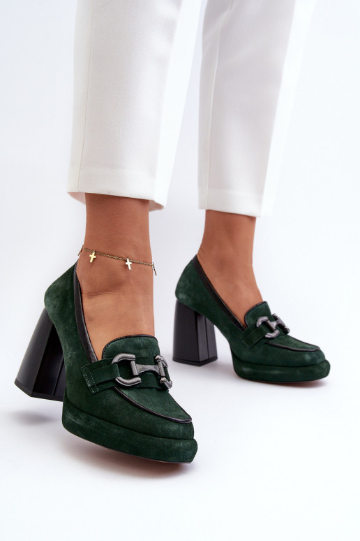 Leather Pumps on Chunky Heel Laura Messi 2706 Dark Green