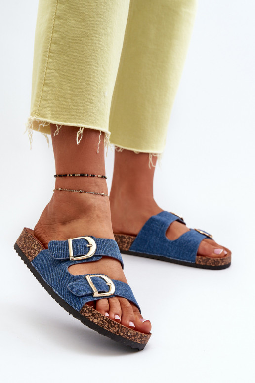 Women's denim clogs on cork platform with dark blue straps Doretta