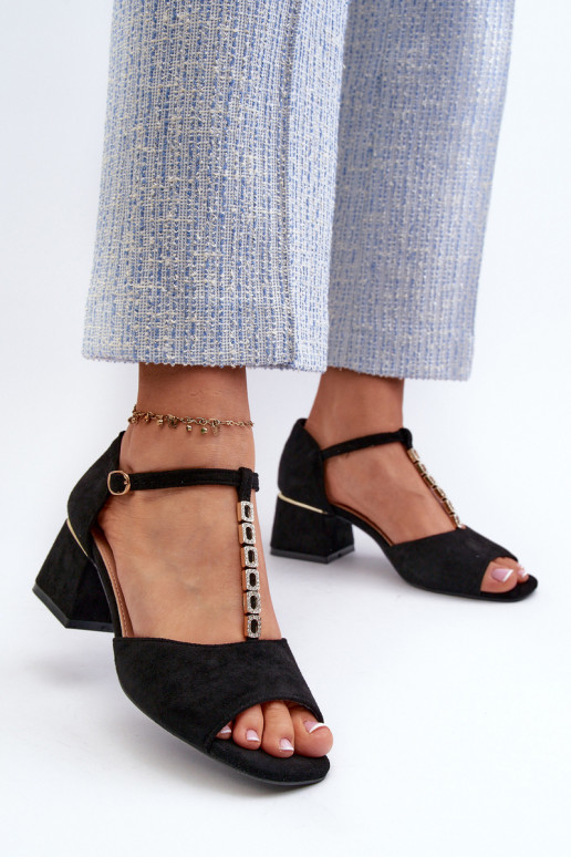 Women's Sandals with a Block Heel and a Decorative Strap, Eco Suede, Black Obivena