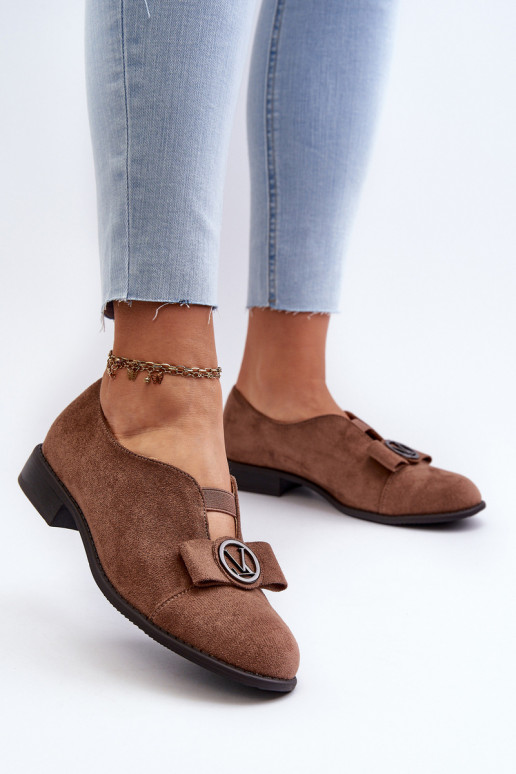 Women's Shoes Made of Eco Suede on a Low Heel With a Decoration, Brown Hadiena