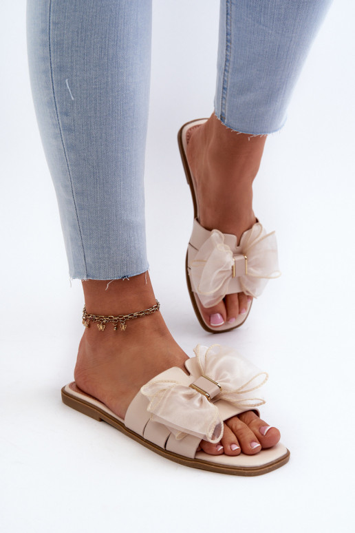 Flat Women's Slippers With Bow Beige Balinda