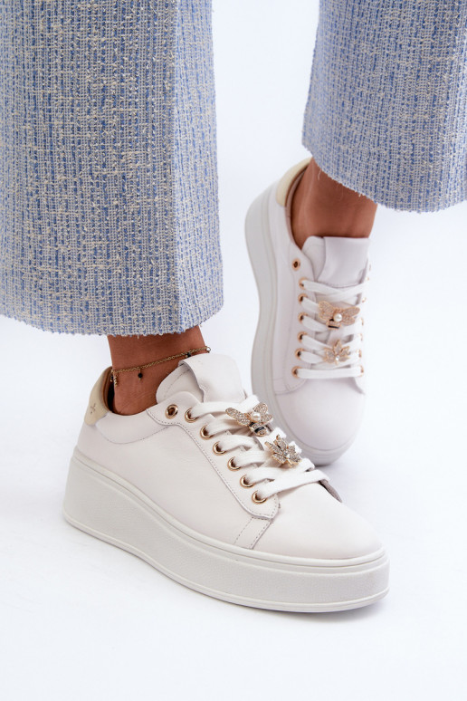 Women's Leather Sneakers on the Platform With Pins D&A SN67 White