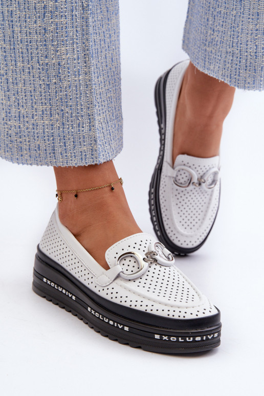 [Women's Leather Platform Moccasins with Decoration S.Barski LR750 White]