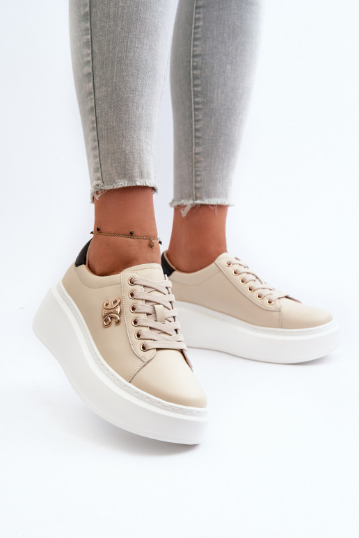 Beige Women's Leather Platform Sneakers Pernalia