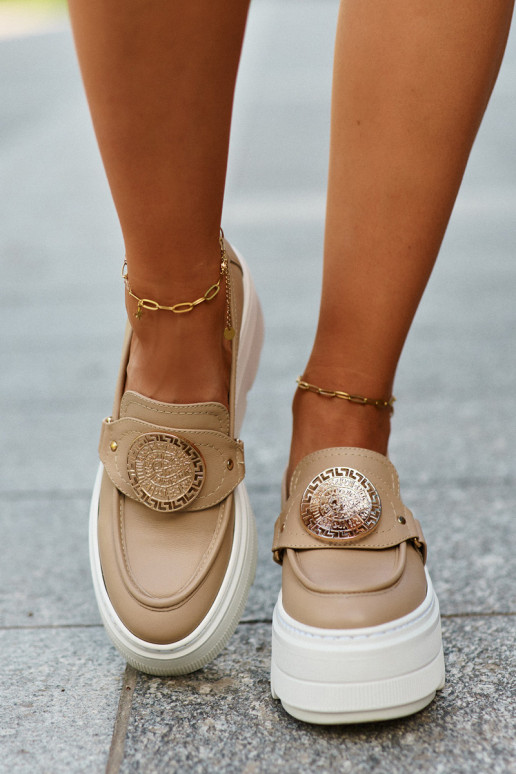 Zazoo 3458 Women's Leather Loafers With Ornament Beige