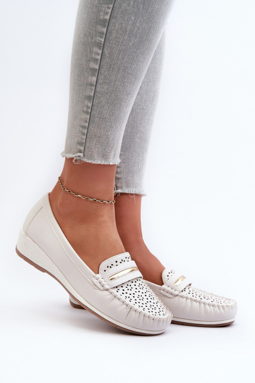 Women's Moccasins With an Openwork Pattern in Eco Leather, Dusty White Nassnema