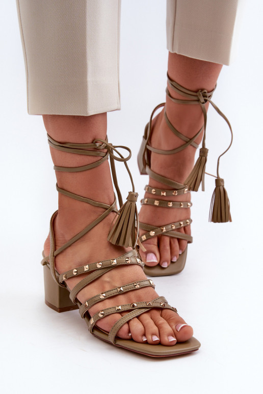 Tied Low Heel Sandals Decorated with Studs, Green Chrisele