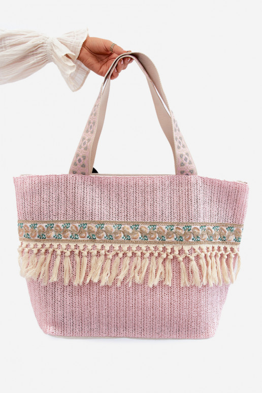 Large Woven Beach Bag With Fringes, Pink Missalori