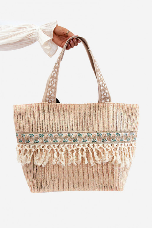 Large Woven Beach Bag with Fringes, Beige Missalori