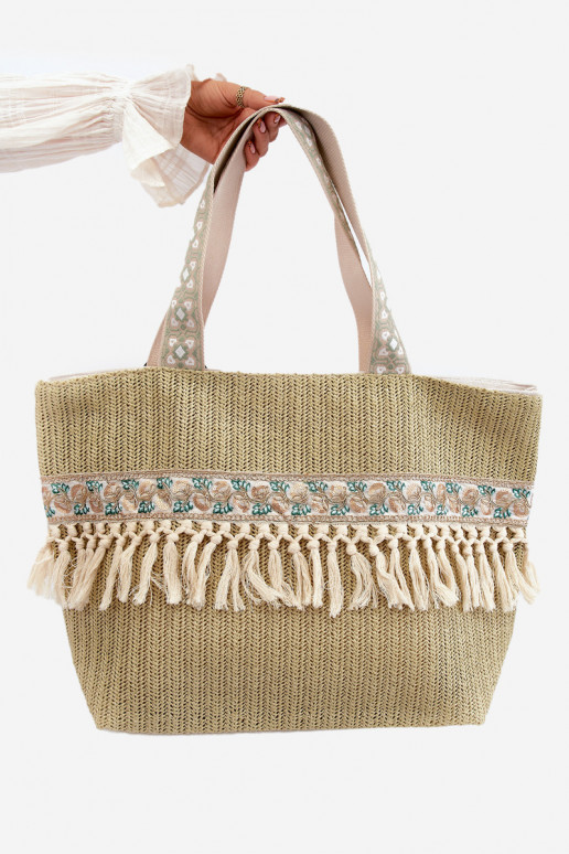 Large Woven Beach Bag With Fringes Green Missalori