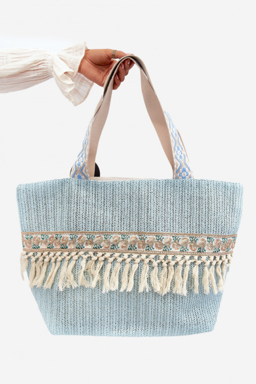 Woven Large Beach Bag With Fringes Blue Missalori