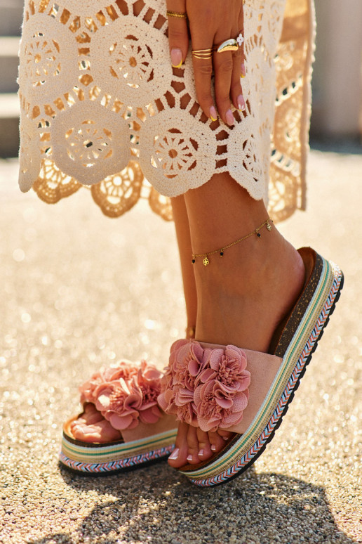 Women's Platform Flip-Flops Decorated with Flowers, Pink Nodina