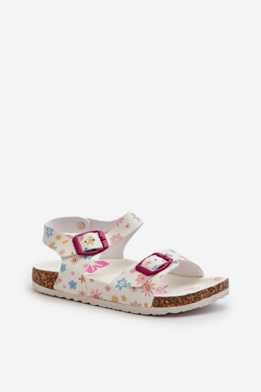 Children's Sandals with Flowers and Buckles White Memoria