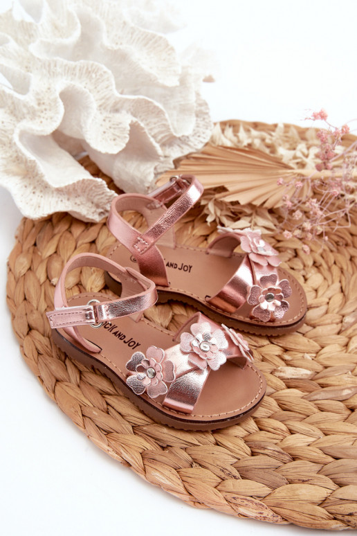 Children's Sandals Decorated with Flowers and Fastened with Velcro, Pink Fagossa