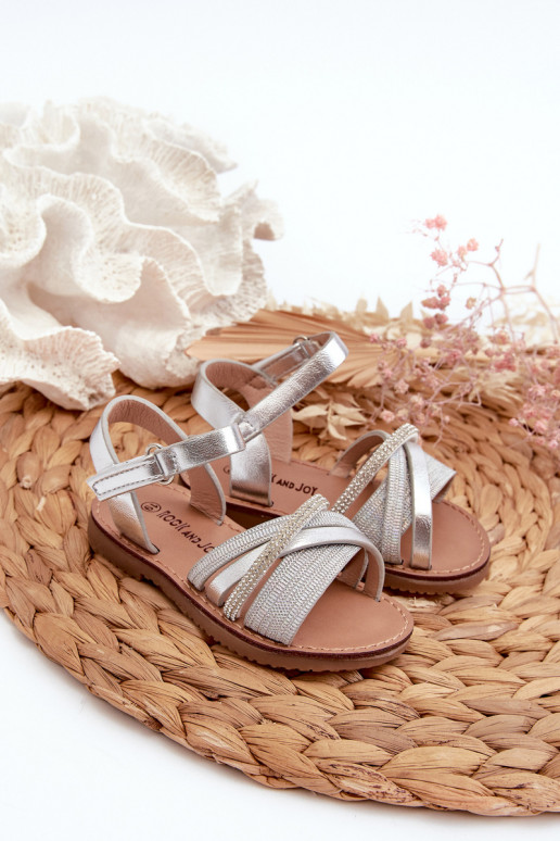 Shiny Children's Sandals with Velcro Silver Delphina