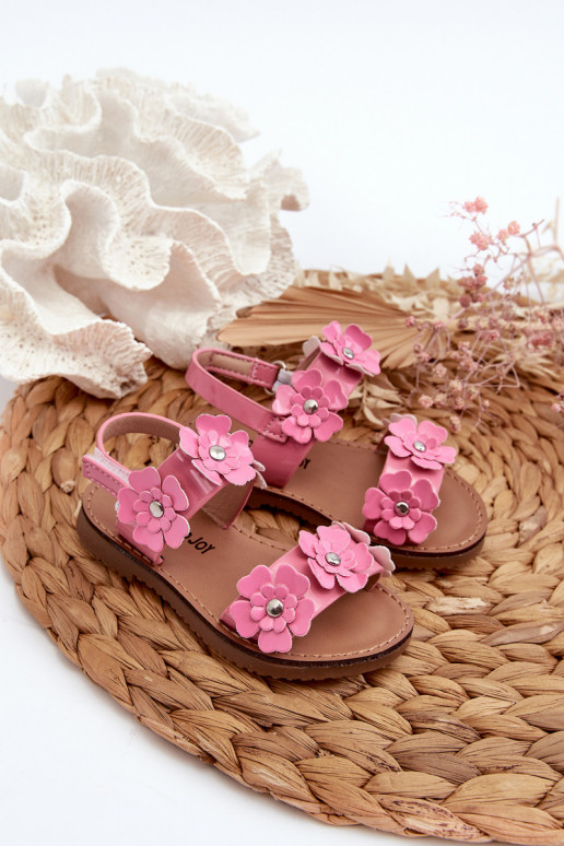 Lacquered Children's Sandals Decorated with Flowers, Pink Tinette