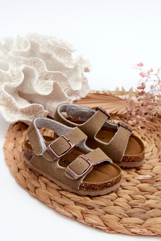 Children's Sandals on Cork Platform with Velcro Closure in Khaki Rorria