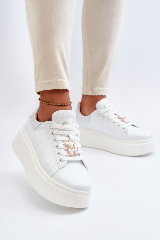 Women's Leather Platform Sneakers With Teddy Bear White Vinceza 66641