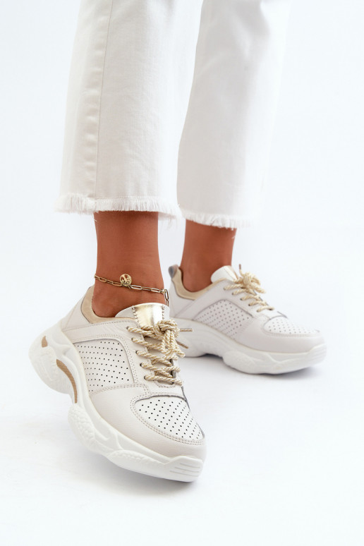 Women's Leather Sneakers with Chunky White-Gold Sole Dzumati