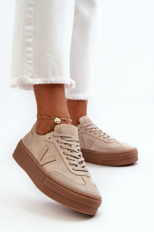 Zazoo N1100S2 Women's Suede Platform Sneakers Beige