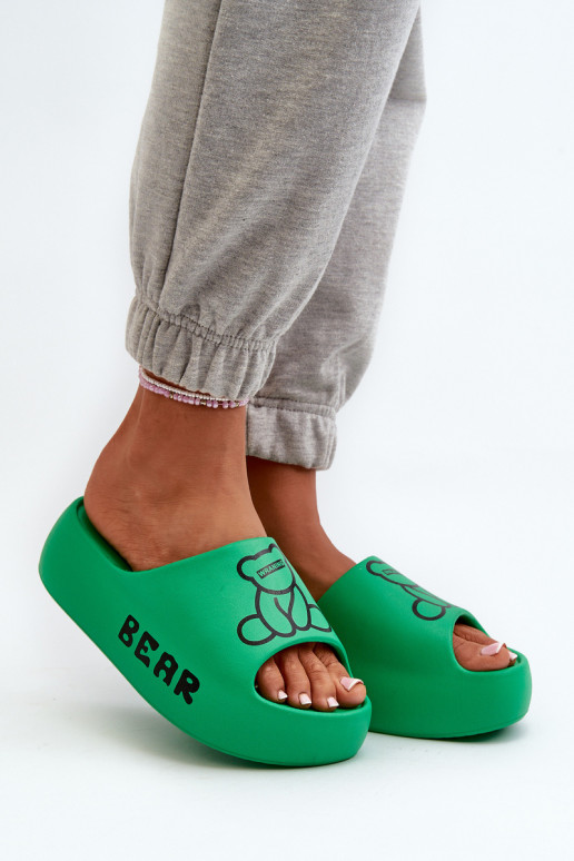 Women's Foam Slides on Chunky Sole with Teddy Bear Green Lamira