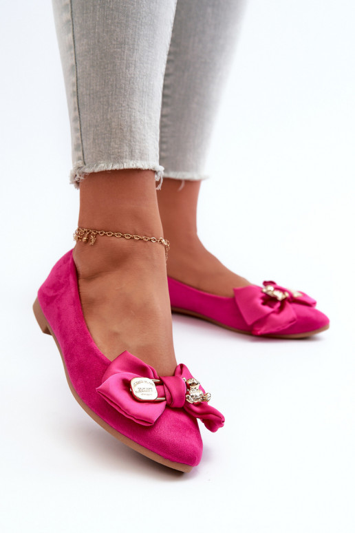 Women's Eco Suede Ballerina Flats with Bow and Brooch Fuchsia Satris