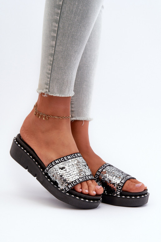 Women's Flip Flops With Sequins Black-Silver Rivanique