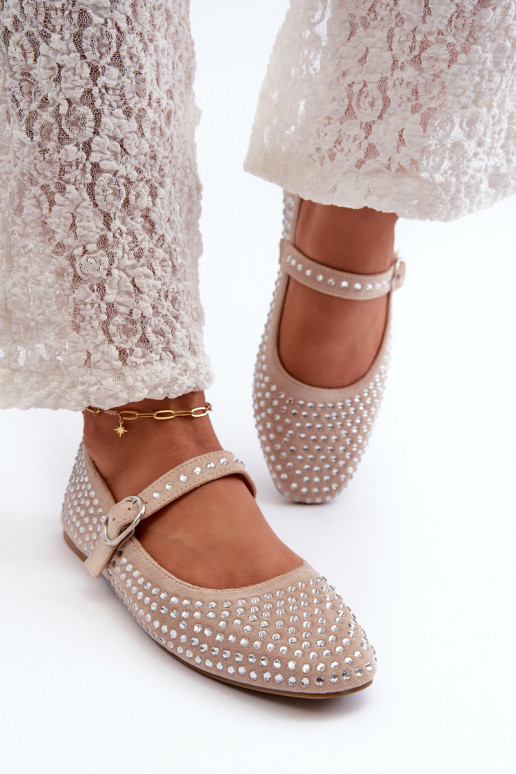 Eco Suede Ballerinas Decorated with Beige Rhinestones Tinara