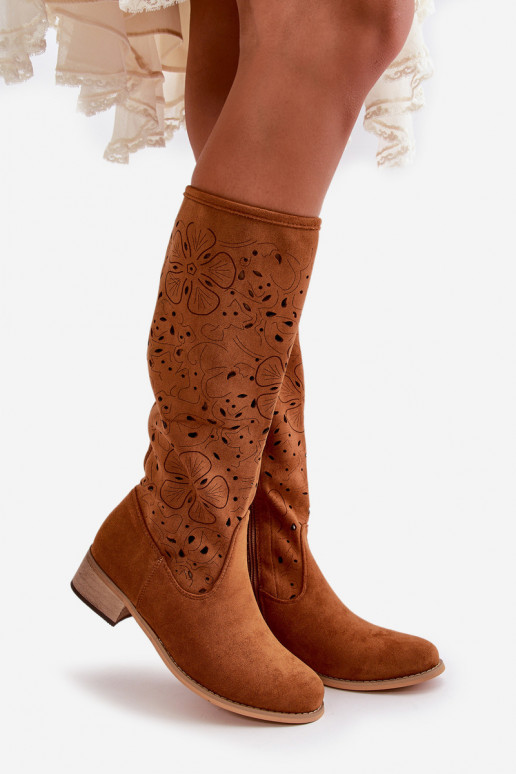 Openwork Women's Boots On Low Heels Eco Suede Fastened With A Zipper Camel Orchides